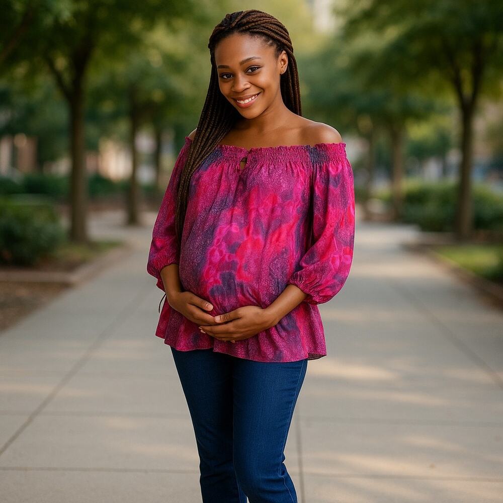 Bisou Bisou Womens Blouse S Maternity Blouson Off Shoulder Top Red Purple NEW‎